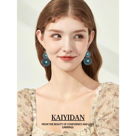 Turquoise Two loops Bronze Vintage Long Summer Earring for Women Jewelry - Picture 9 of 9